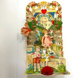 LARGE ANTIQUE VICTORIAN DIE CUT FOLD OUT EMBOSSED HONEYCOMB VALENTINE GERMANY